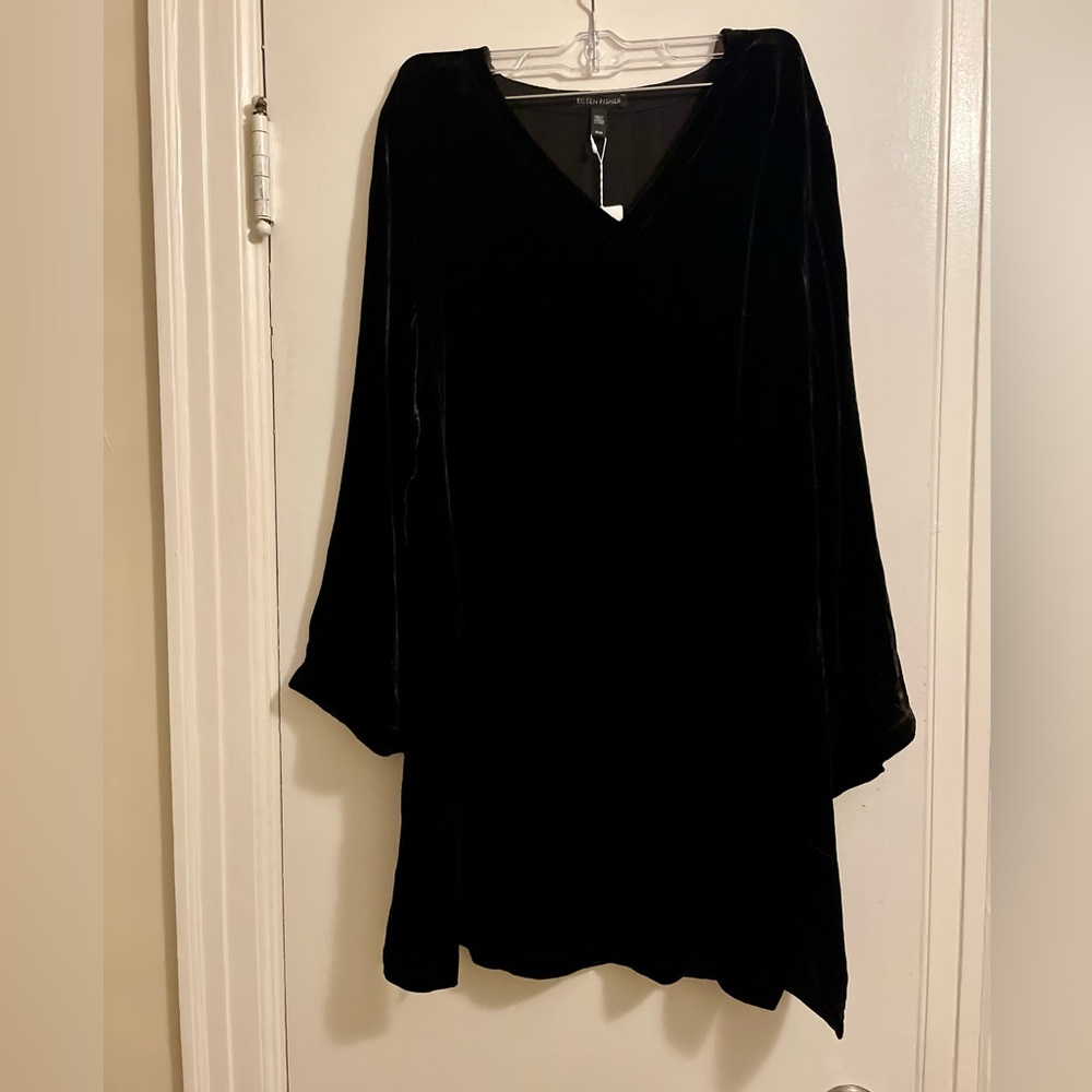 Eileen Fisher Black Velvet Silk Blend V Neck New W Tag Shift Dress Size Medium